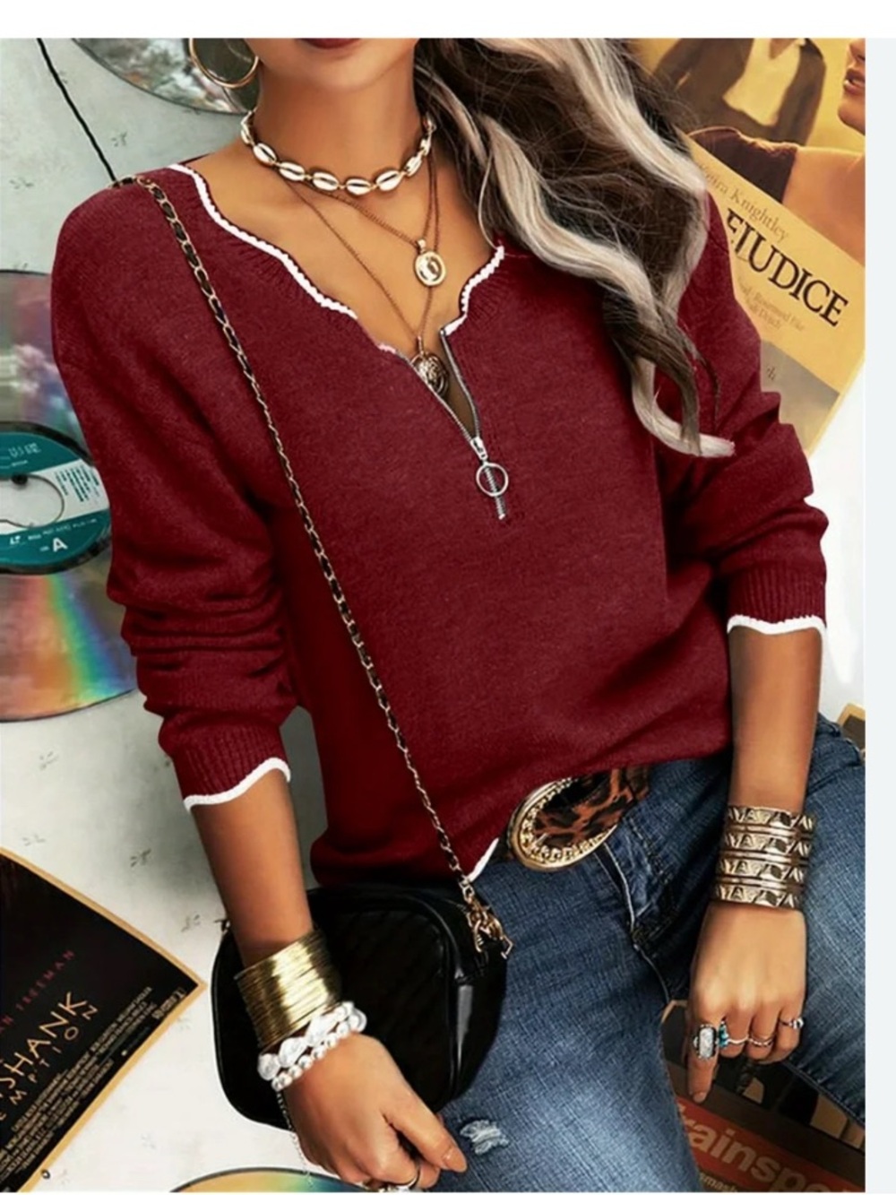 Source Unknown Burgundy V-Neck Zip Sweater with White Trim